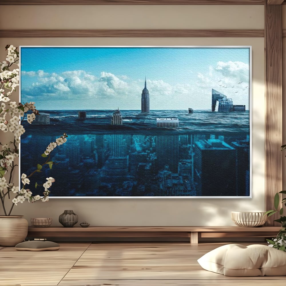 Tablou canvas cu ilustratie digitala cu oras scufundat in ocean, in rama de aluminiu argintiu
